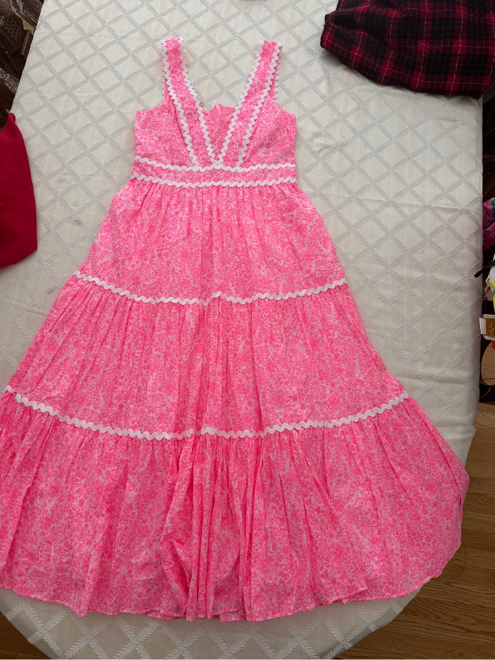 Lilly Pulitzer Pollie Womenโs Pink Ruffle Maxi Dress with White Trim